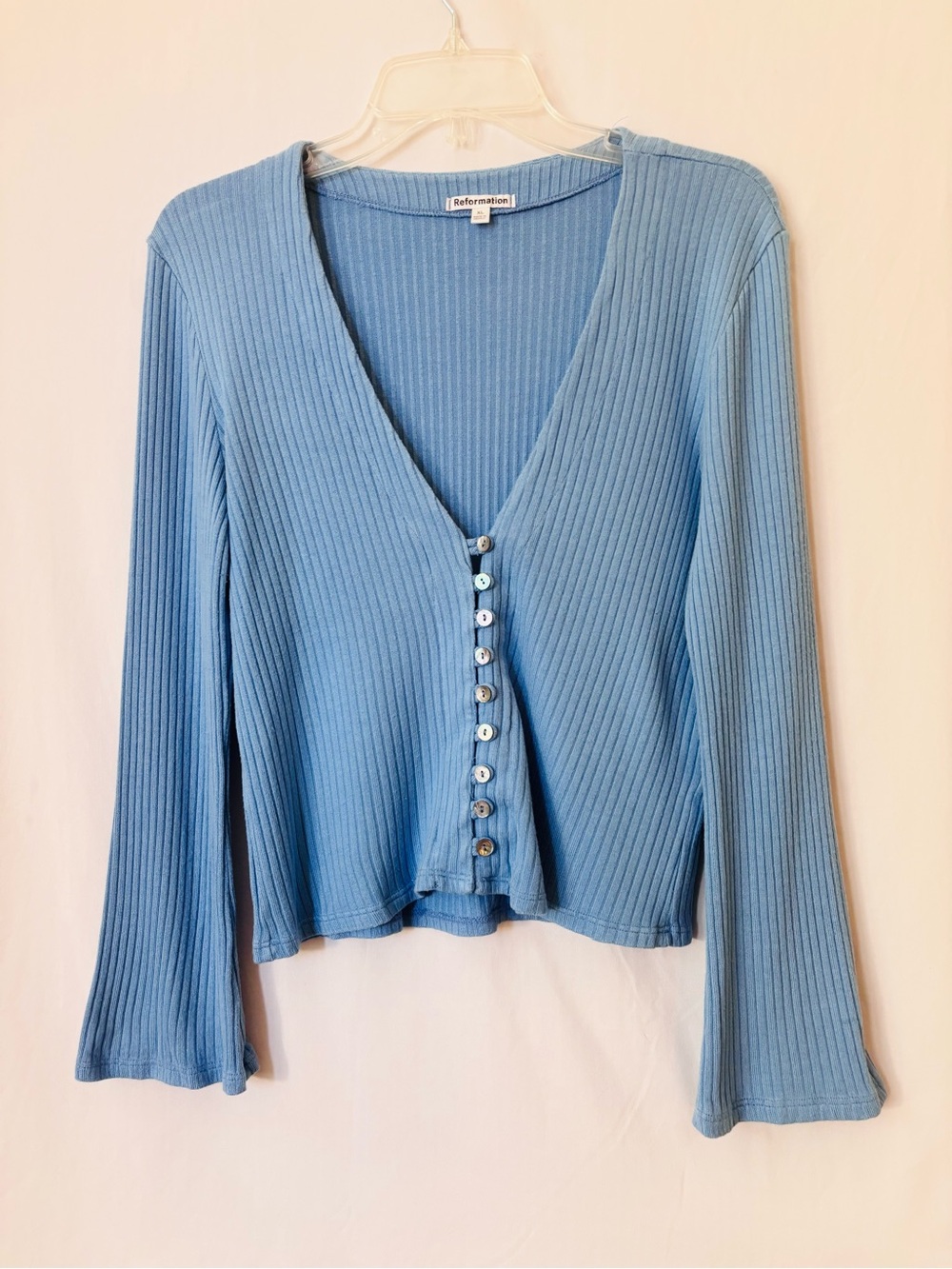Reformation Blue Ribbed Button Cardigan XL